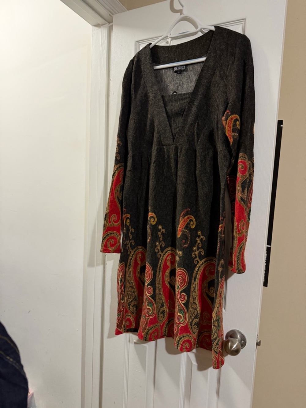 Angie Boho Paisley Long-Sleeve Dress - Black with Red Accents XL NWT